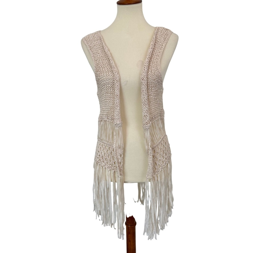 Forever 21 Womens Small Cream Crochetโ Fringe Vest Open Front Boho Festival Mesh